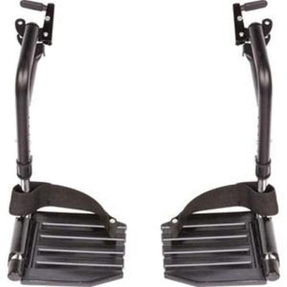 A pair of Invacare wheelchair hemi footrests with black composite footplates and black heel loops. Item number T93HCP with black tubing, black composite footrest, and heel loops in a vertical position against a white background.