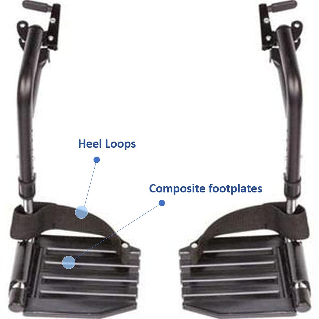 A pair of Invacare wheelchair hemi footrest with composite footplates and heel loops. Item number T93HCP with black tubing, black composite footrest, and heel loops in a vertical position against a white background.