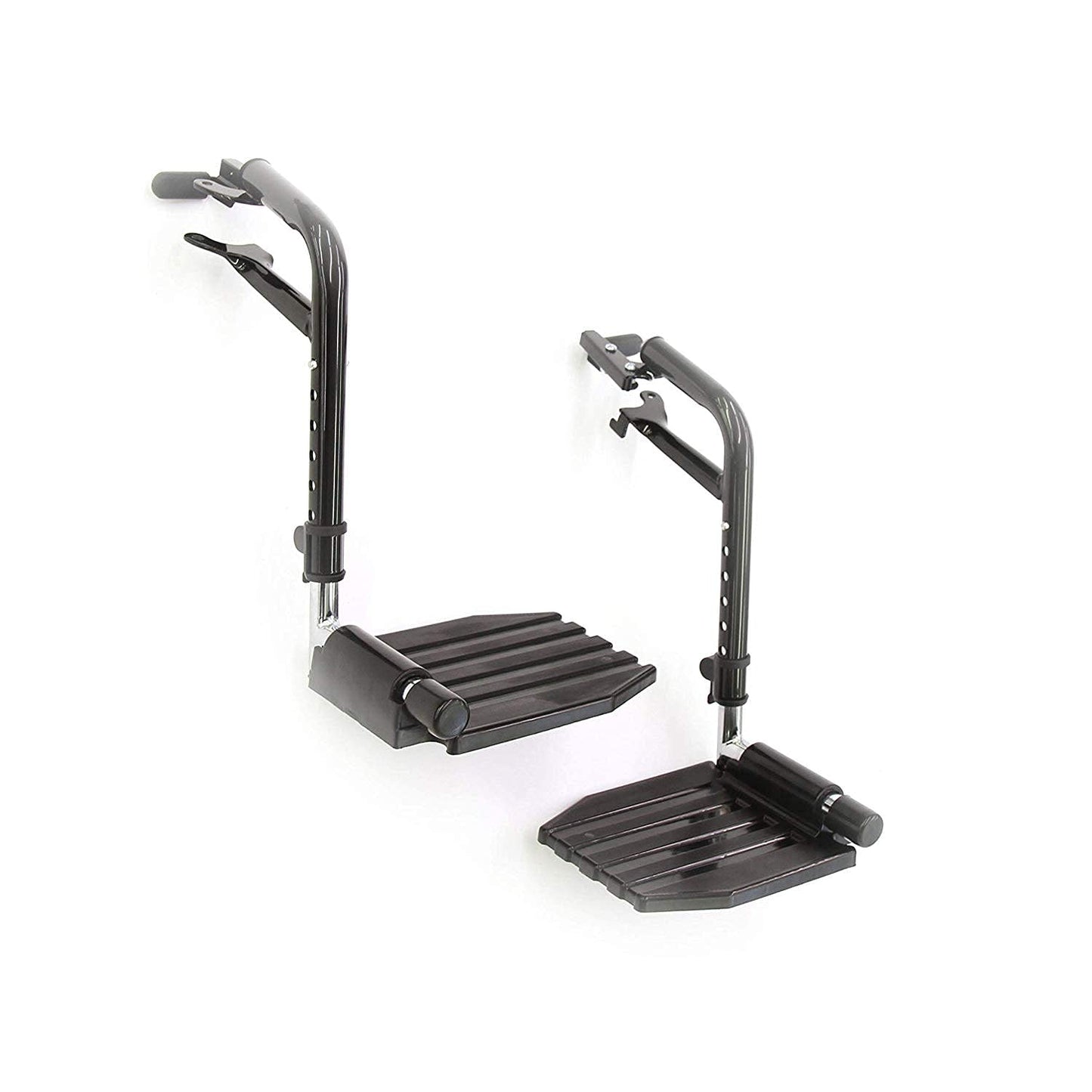 A pair of Invacare wheelchair economy footrest, item number T93HEP with black tubing and black composite footrest in a vertical position against a white background.