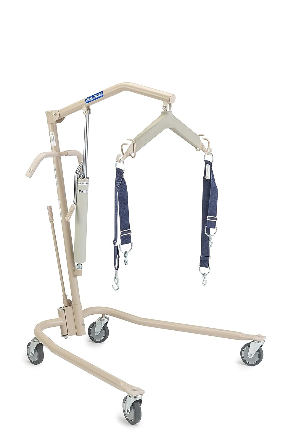 A pair of Invacare blue polypropylene patient lift straps, item 9070 on an Invacare patient lift against a white background.