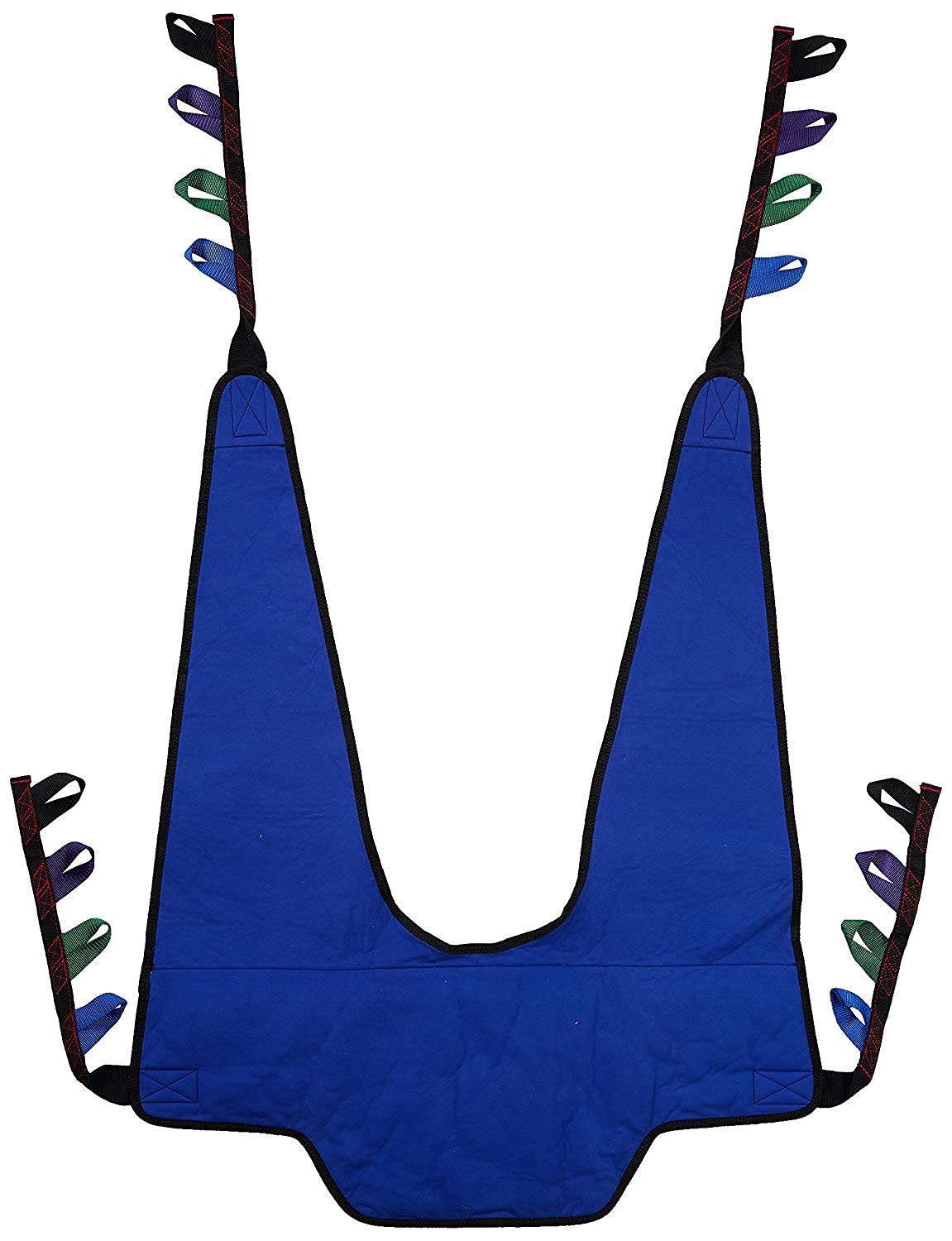 A drawing of a blue stand assist transfer sling made with a solid fabric for an Invacare Reliant lift.  The image is against a white background.