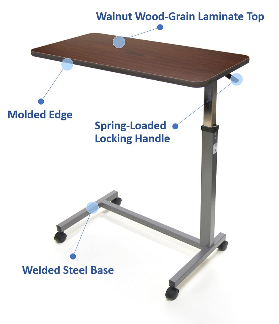 Invacare Item number 6417, Hospital-Style, Brown Overbed Table on wheels against a white background listing features of the product: Walnut Wood-Grain Laminate Top, Moded Edge, Spring-Loaded Locking Handle, and Welded Steel Base.