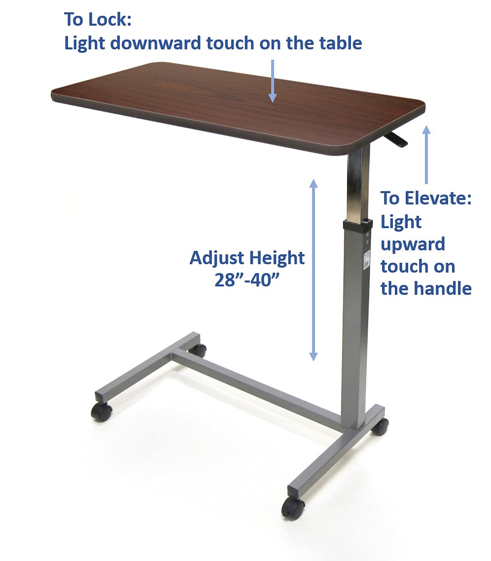 Invacare Item number 6417, Hospital-Style, Brown Overbed Table on wheels against a white background with text to explain how to lock, elevate and adjust height.
