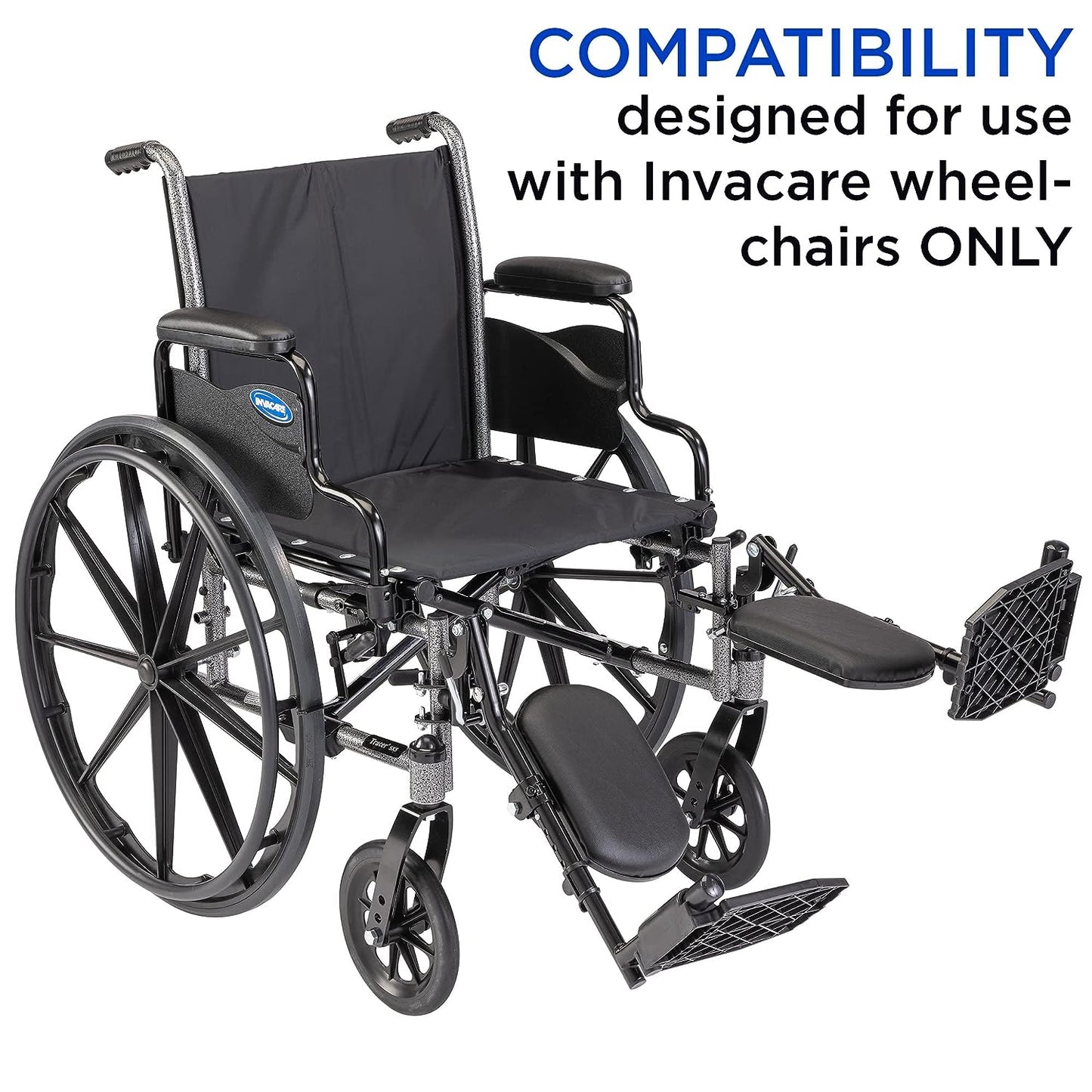 Item T94HCP, a pair of Invacare wheelchair elevating legrest with composite footplates and padded claf pads featured on an Invacare wheelchair to show the compatibility is designed for Invacare wheelchairs only. The Image is against a white background.