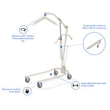 Invacare's beige hydraulic lift, Item 9805P against a white background listing key features: Allows for 360 rotation of the padded spreader bar, pump handle rotates to either side for easy access, it has a small adjustable base with shifter handle and maneuvers easily in small spaces.
