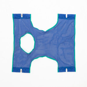 An Invacare standard blue sling, item 9047 made of mesh polyester fabric with a commode opening for use with an Invacare patient lift. The image is against a white background.