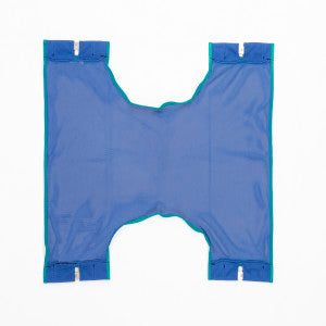 An Invacare standard blue sling made of mesh polyester fabric for use with an Invacare patient lift. Image is against a white background.